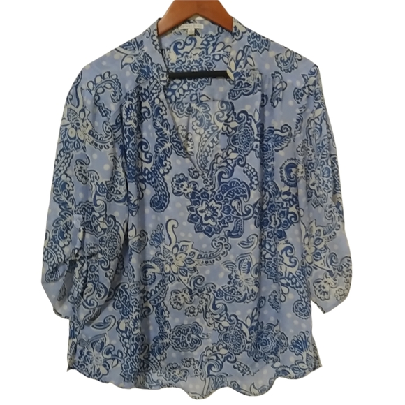 Larsen Gray XL All Over Floral Blue Creme Tunic Top Plus - Picture 1 of 6